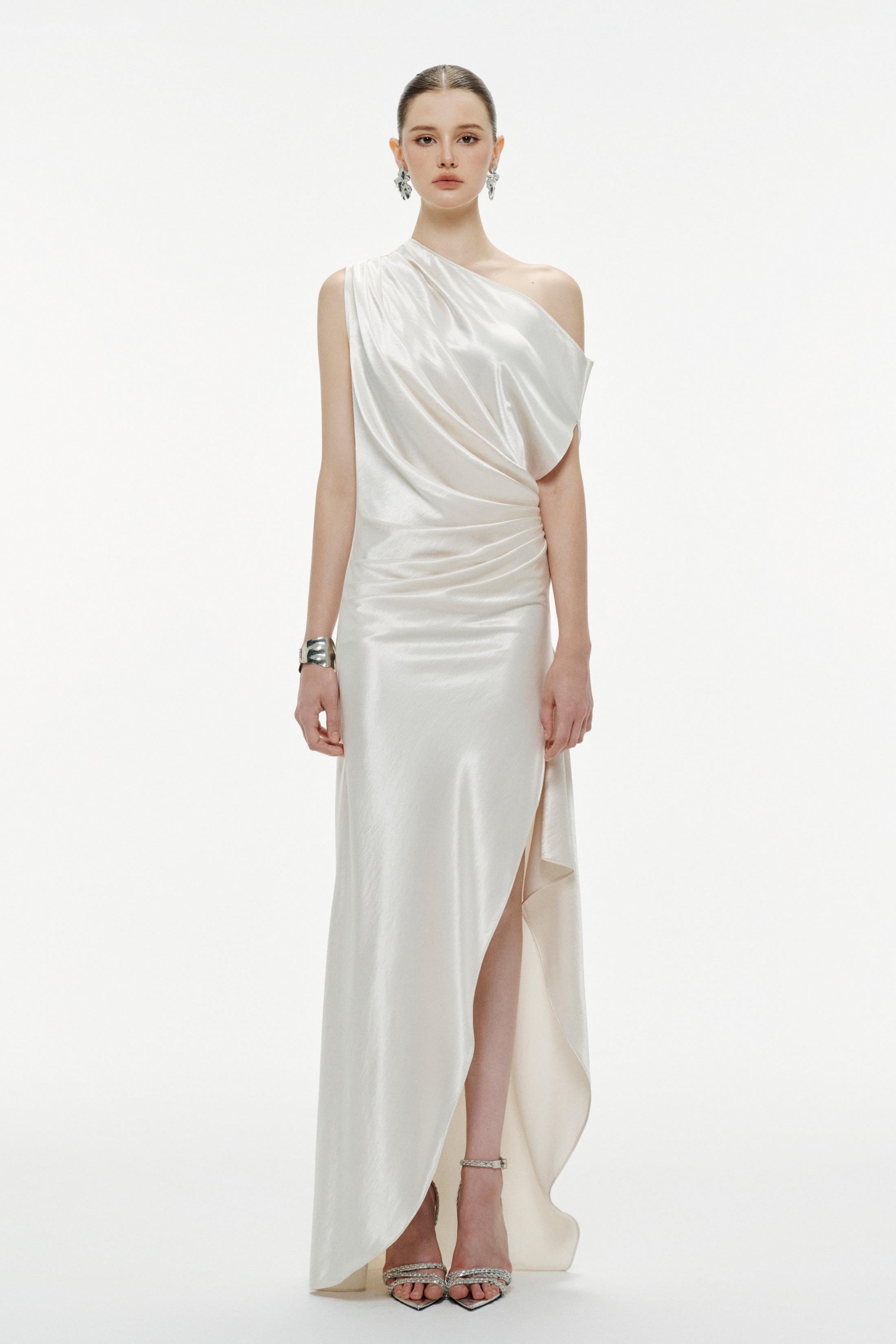 Skew Collar Pleated Slit Maxi Dress