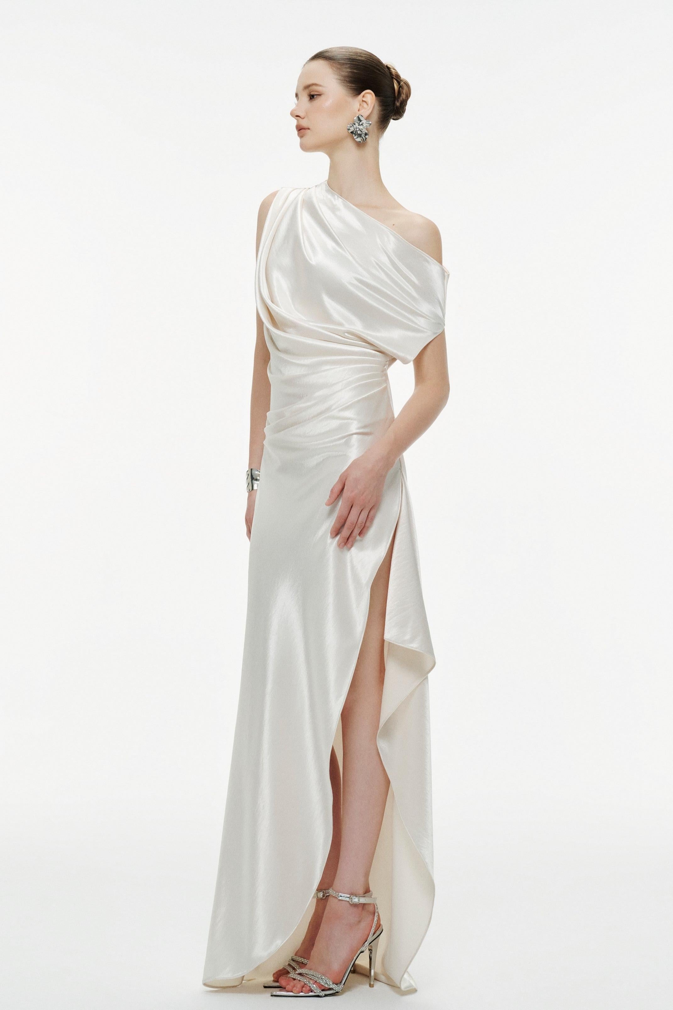 Skew Collar Pleated Slit Maxi Dress