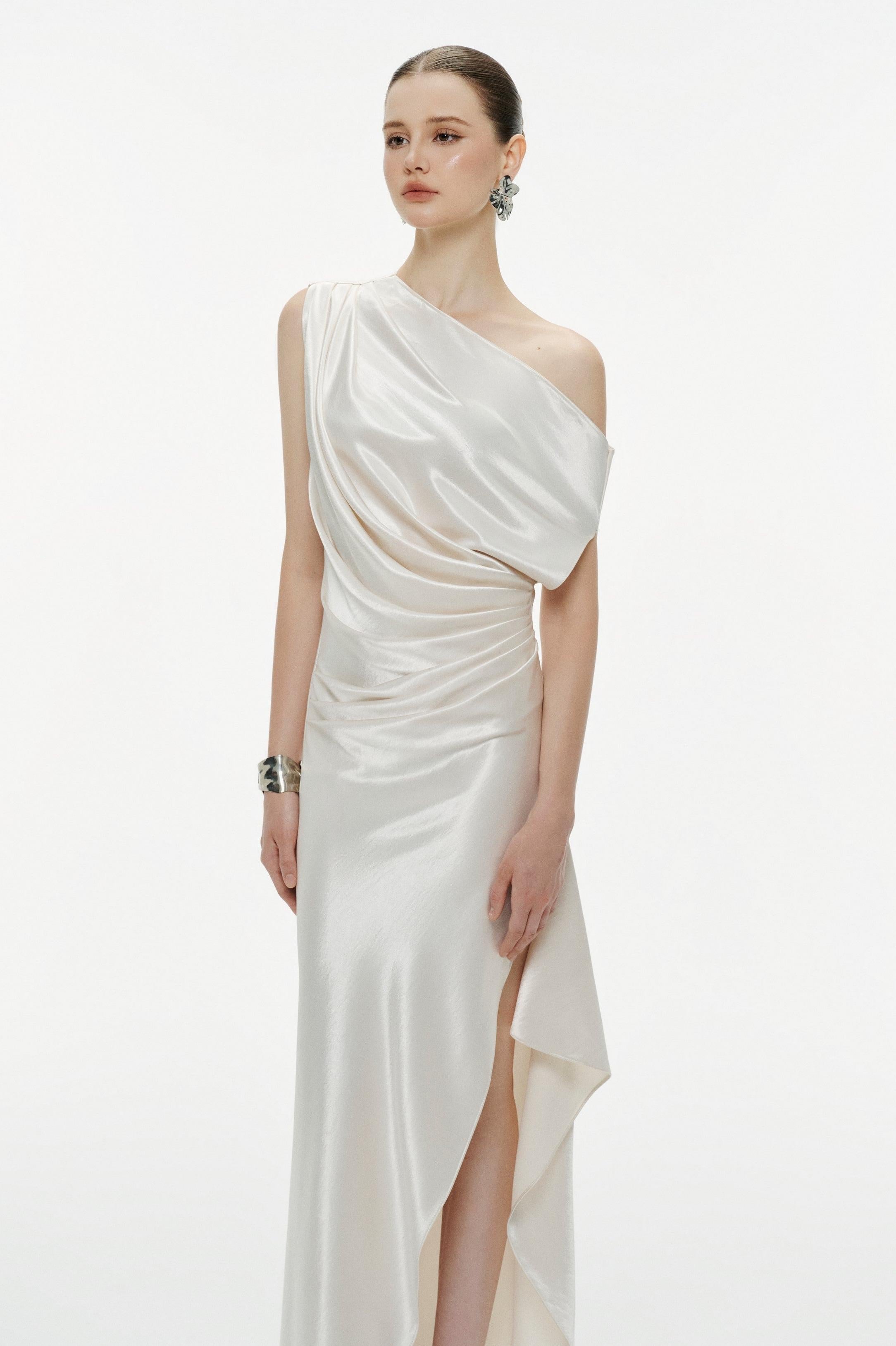 Skew Collar Pleated Slit Maxi Dress