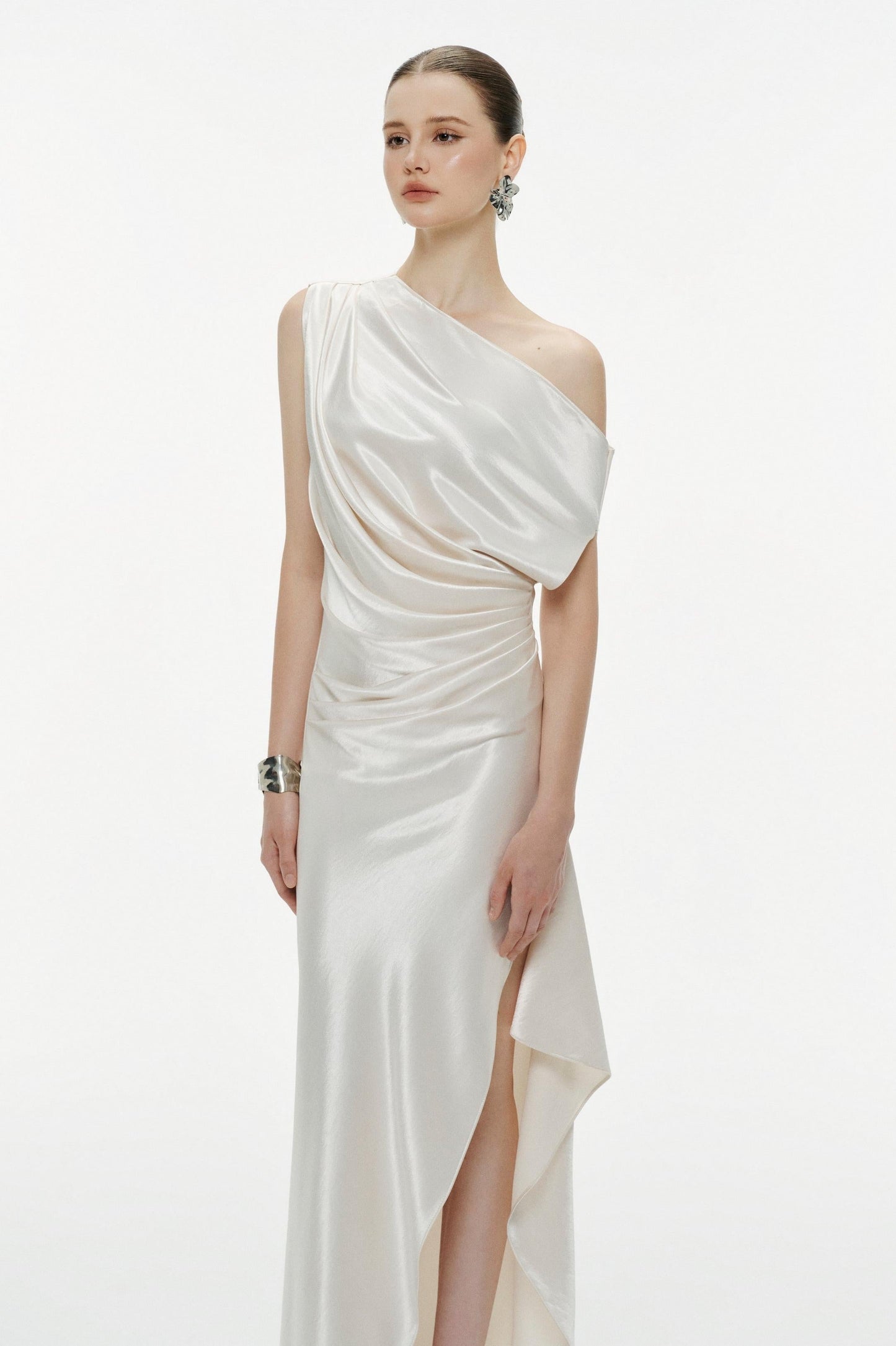 Skew Collar Pleated Slit Maxi Dress