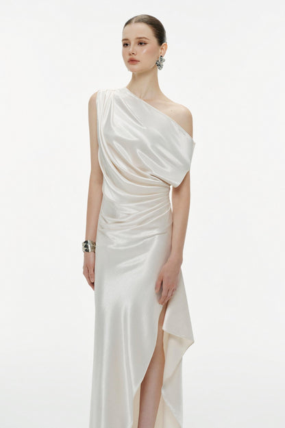 Skew Collar Pleated Slit Maxi Dress