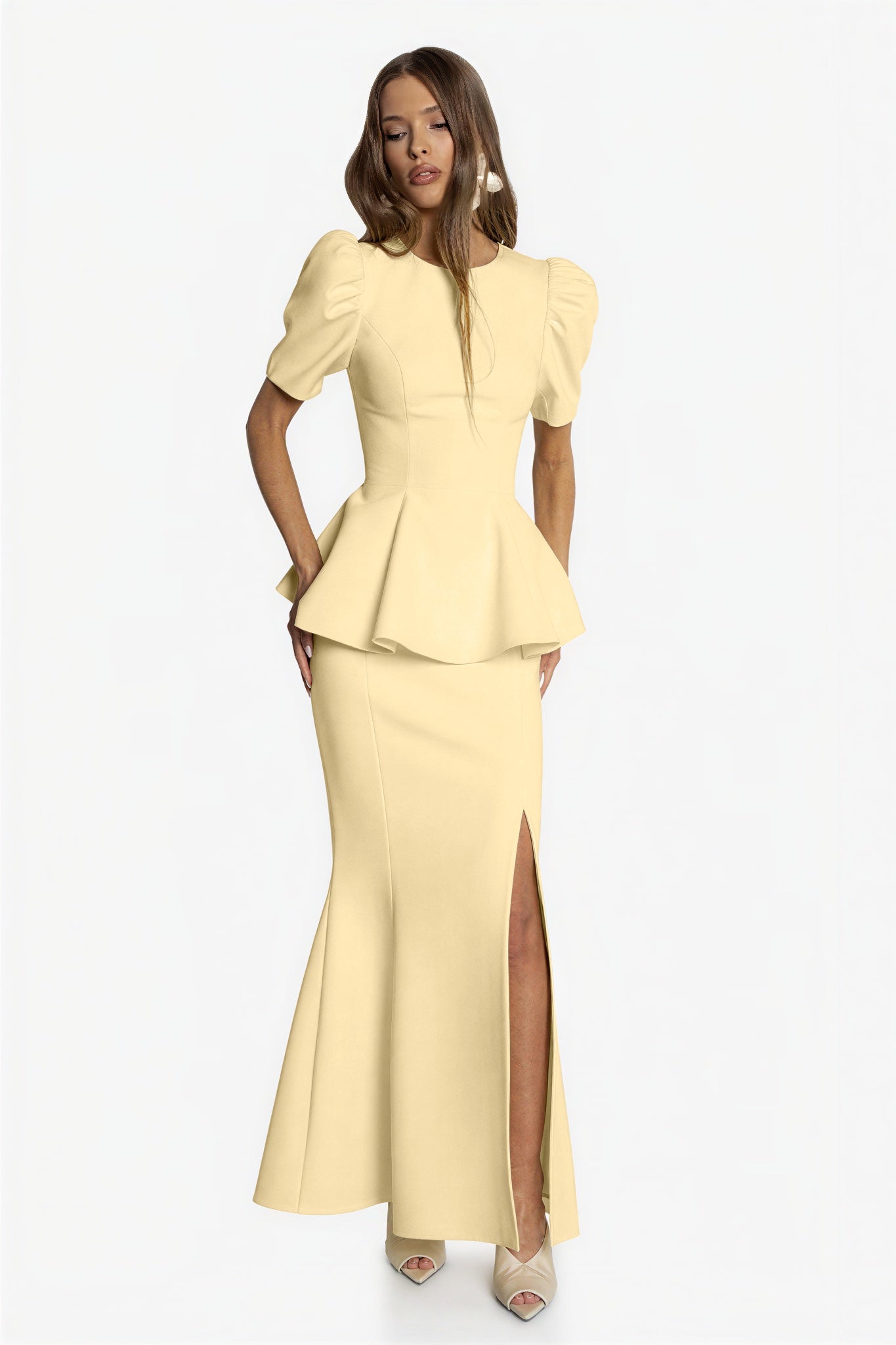 Round Neck Puff Sleeve Top & High Waist Midi Skirt Set