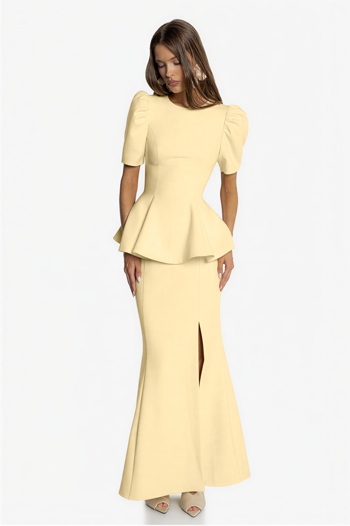 Round Neck Puff Sleeve Top & High Waist Midi Skirt Set