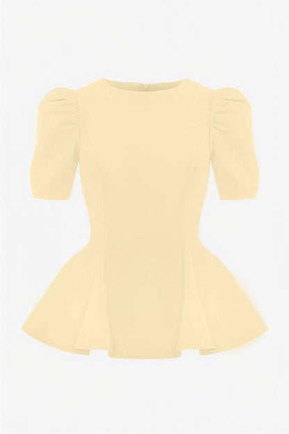 Round Neck Puff Sleeve Top & High Waist Midi Skirt Set