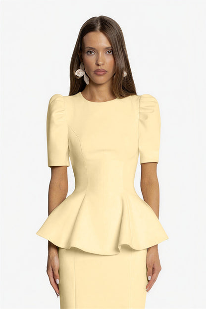 Round Neck Puff Sleeve Top & High Waist Midi Skirt Set