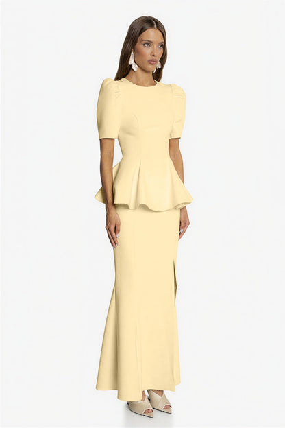 Round Neck Puff Sleeve Top & High Waist Midi Skirt Set