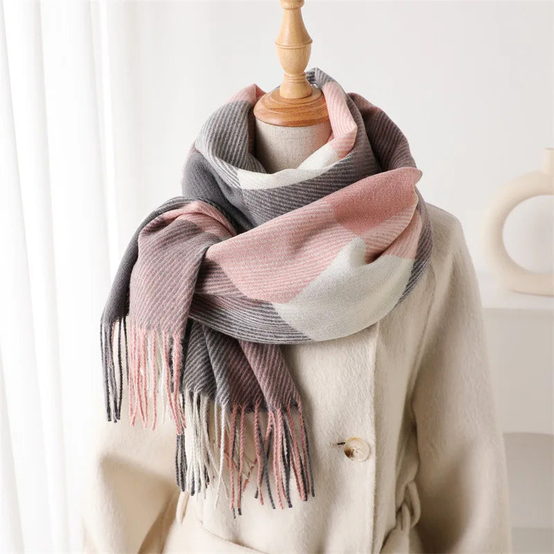 Large Plaid Scarf with Fringe Ends