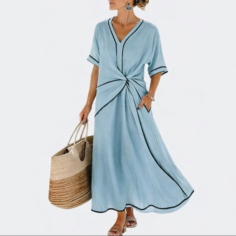 Lauren - Women's V-Neck Knot Front Midi Dress