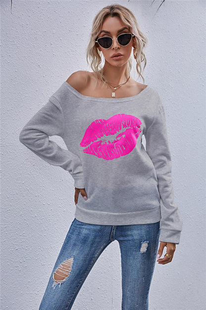 Blue Zone Planet | Lip Graphic Off-Shoulder Sweatshirt