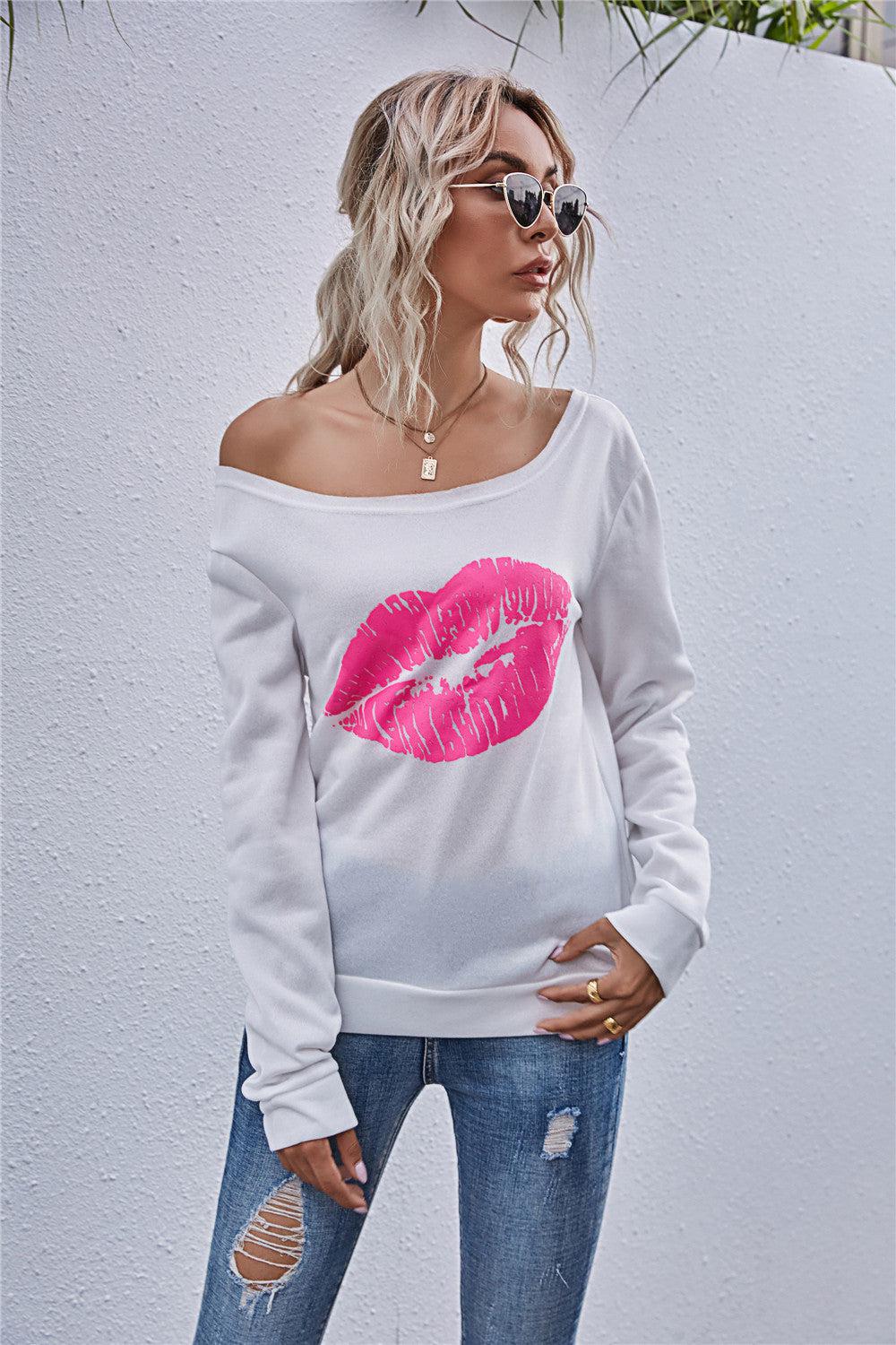 Blue Zone Planet | Lip Graphic Off-Shoulder Sweatshirt