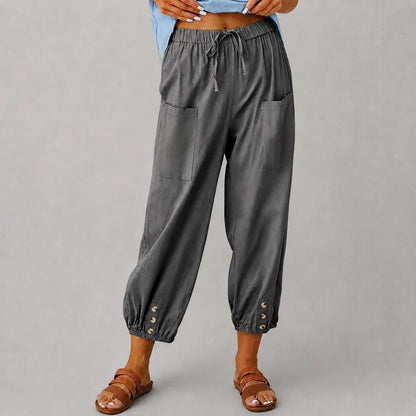 Margaret - Women's Drawstring Button Cuff Linen Pants