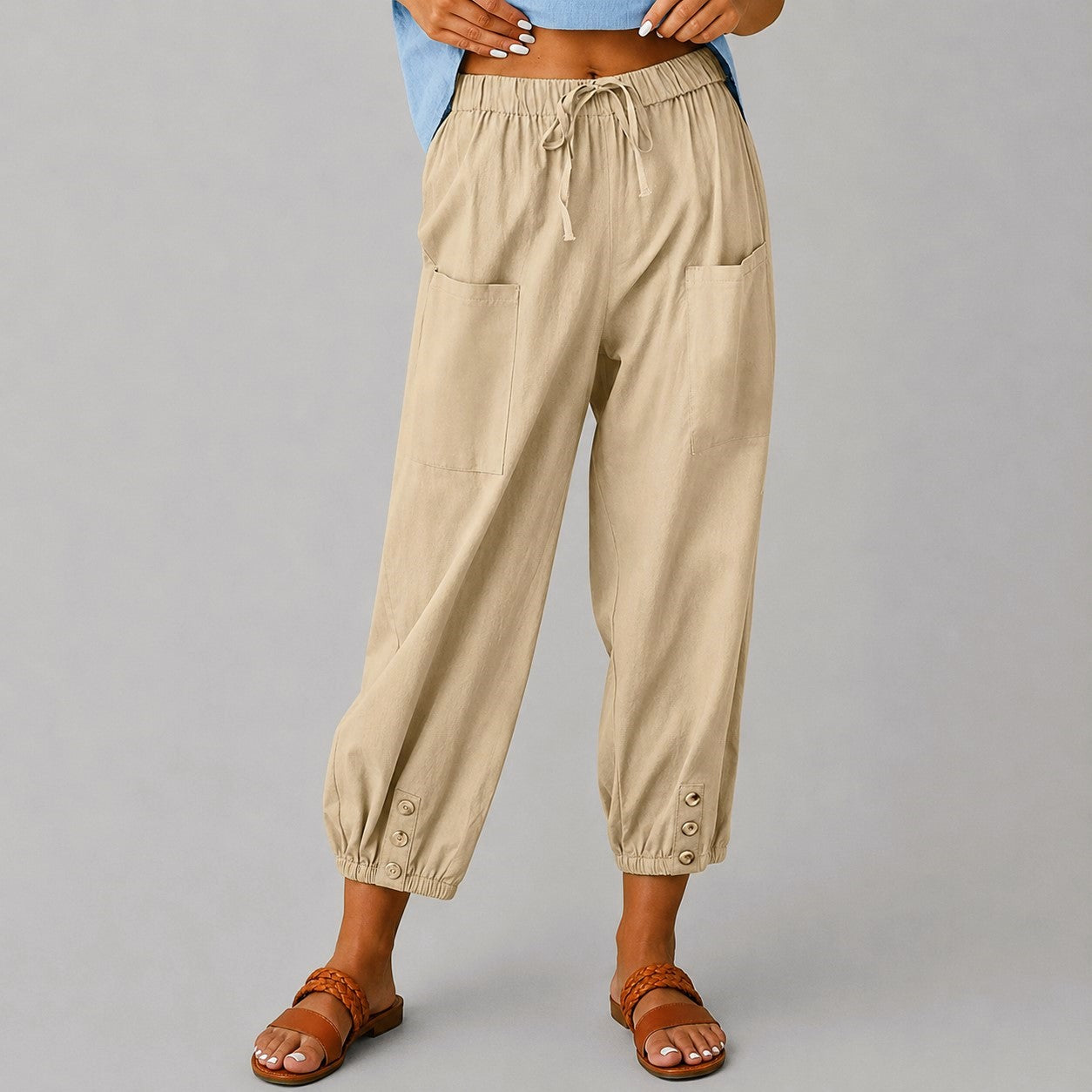 Margaret - Women's Drawstring Button Cuff Linen Pants