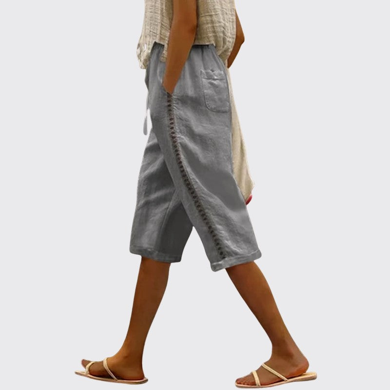 Michelle - Women's Lace Trim Drawstring Linen Shorts