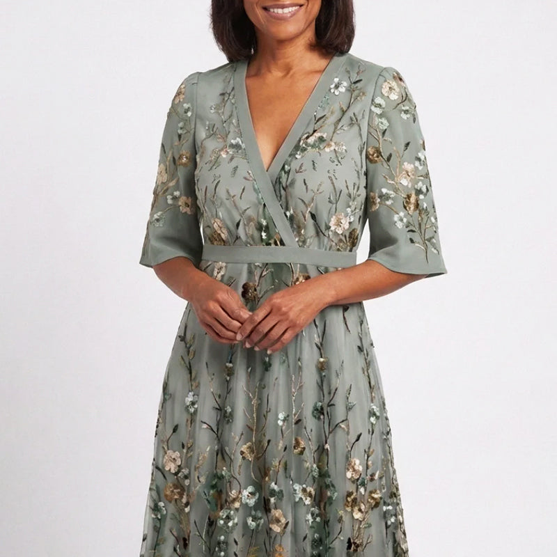Millie - Women’s Embroidered Floral V-Neck Maxi Dress