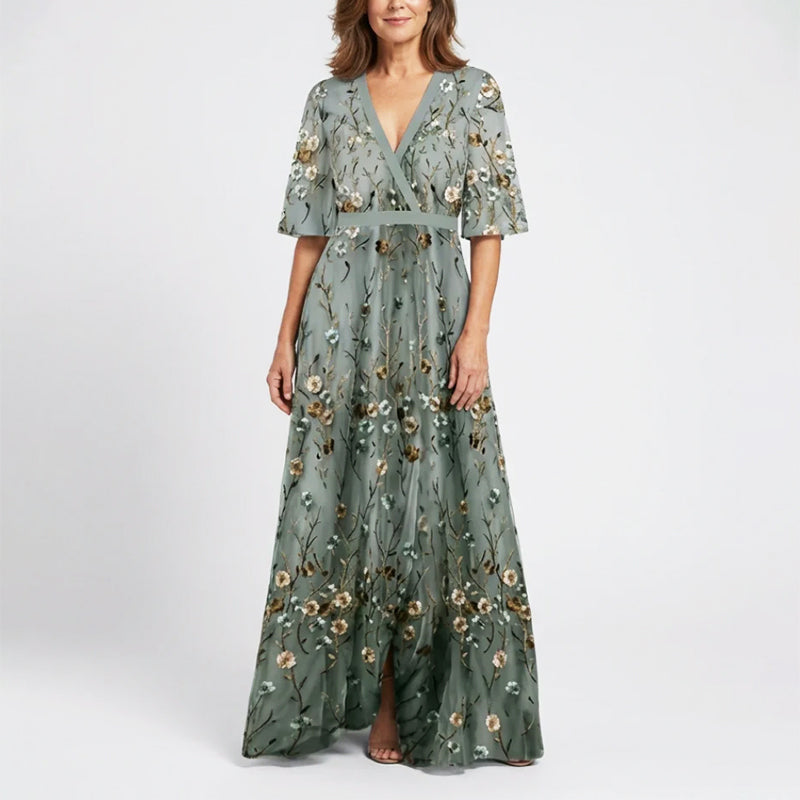 Millie - Women’s Embroidered Floral V-Neck Maxi Dress