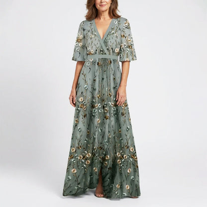 Millie - Women’s Embroidered Floral V-Neck Maxi Dress