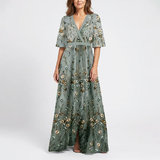 Millie - Women’s Embroidered Floral V-Neck Maxi Dress