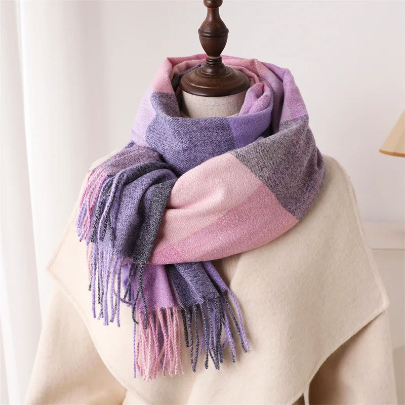 Multicolor Plaid Scarf with Fringe Ends