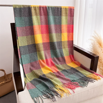 Multicolor Plaid Scarf with Fringe Ends