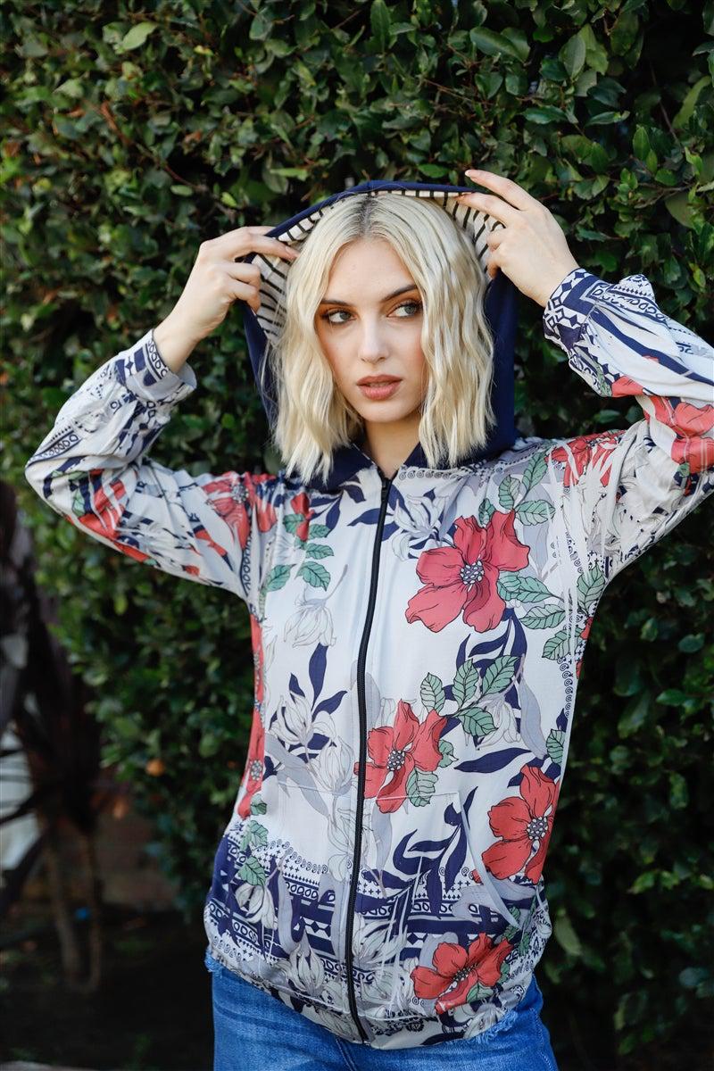 Blue Zone Planet | Navy Rust Flower Print Zip-up Contrast Striped Hood Sweater