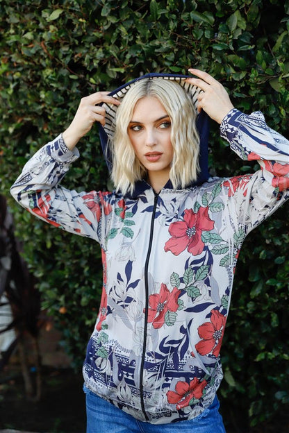 Blue Zone Planet | Navy Rust Flower Print Zip-up Contrast Striped Hood Sweater