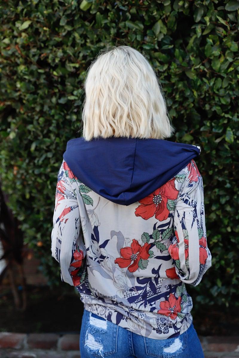 Blue Zone Planet | Navy Rust Flower Print Zip-up Contrast Striped Hood Sweater