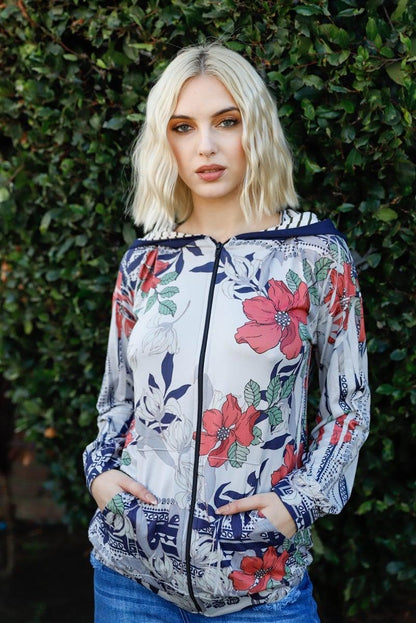 Blue Zone Planet | Navy Rust Flower Print Zip-up Contrast Striped Hood Sweater
