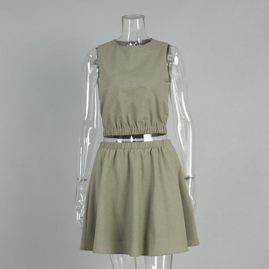 Round Neck Vest Pleated Skirt Spring Summer Cotton Linen Comfortable Short Skirt Casual Two Piece Sets Women