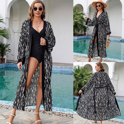 Black Edged Rayon Printed Beach Cover Up Sexy Cardigan Loose Bikini Cover