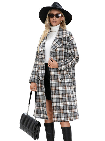 Houndstooth Woolen Plaid Trench Coat