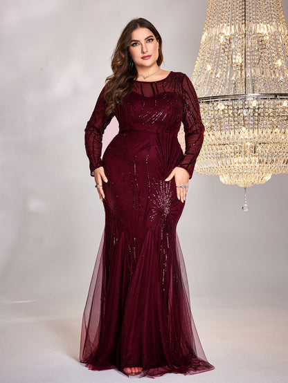 Plus Size Dress Long Sleeve Round Neck Bridesmaid Cocktail Evening Dress