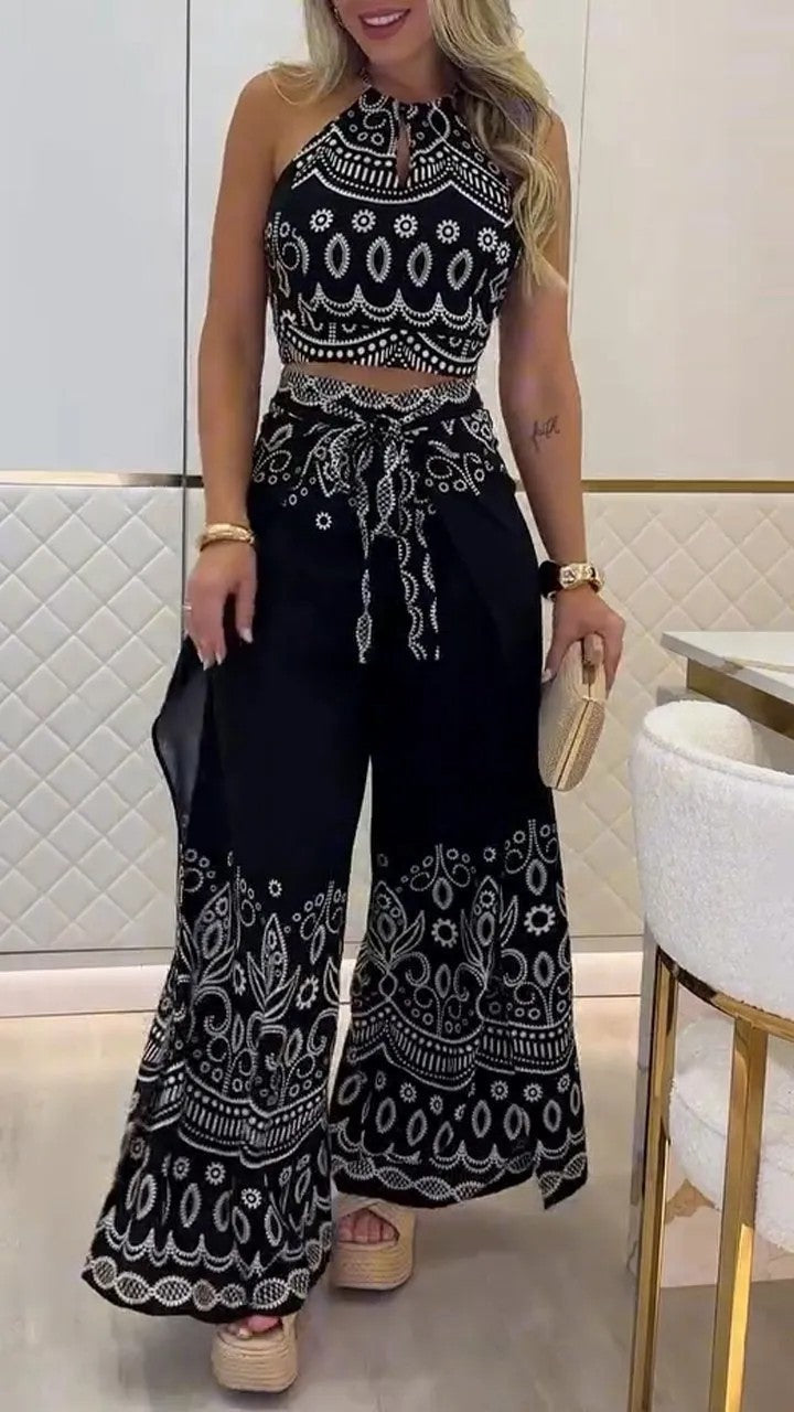 Boho Halter Top & Wide Leg Pants Two Piece Sets