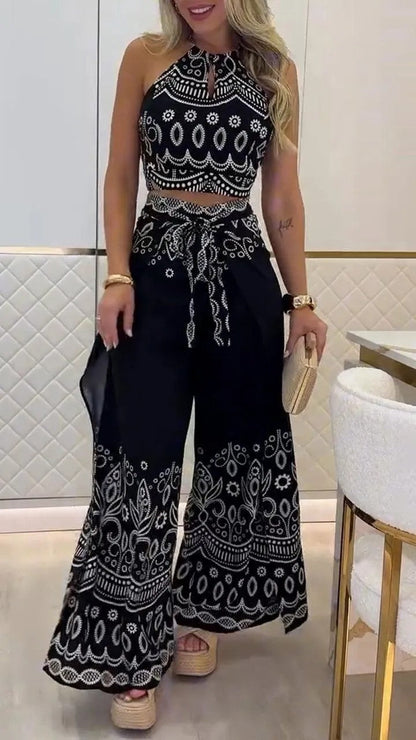 Boho Halter Top & Wide Leg Pants Two Piece Sets