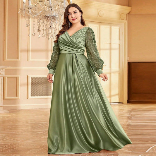 Satin V neck Long Sleeve Dress Maxi Dress Sequin Cocktail Evening Dress Women
