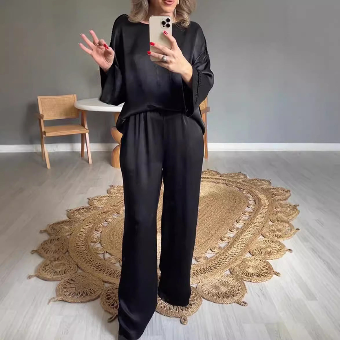 Versatile Satin Casual Long Sleeve Relax Fit Set