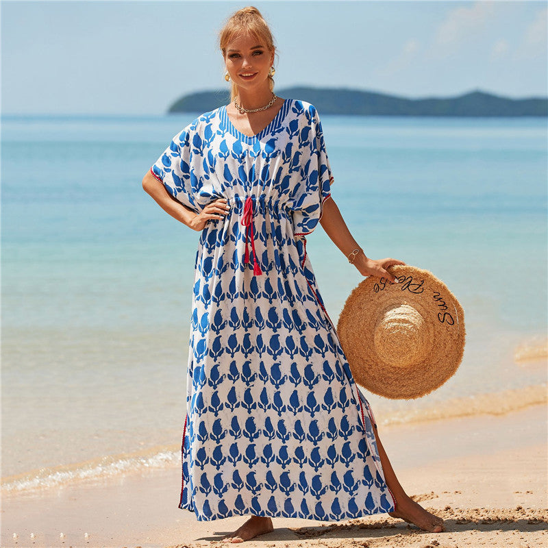 Rayon Positioning Printing Beach Cover-up Vacation Maxi Dress Sun Protection Shirt Beach Cover Up