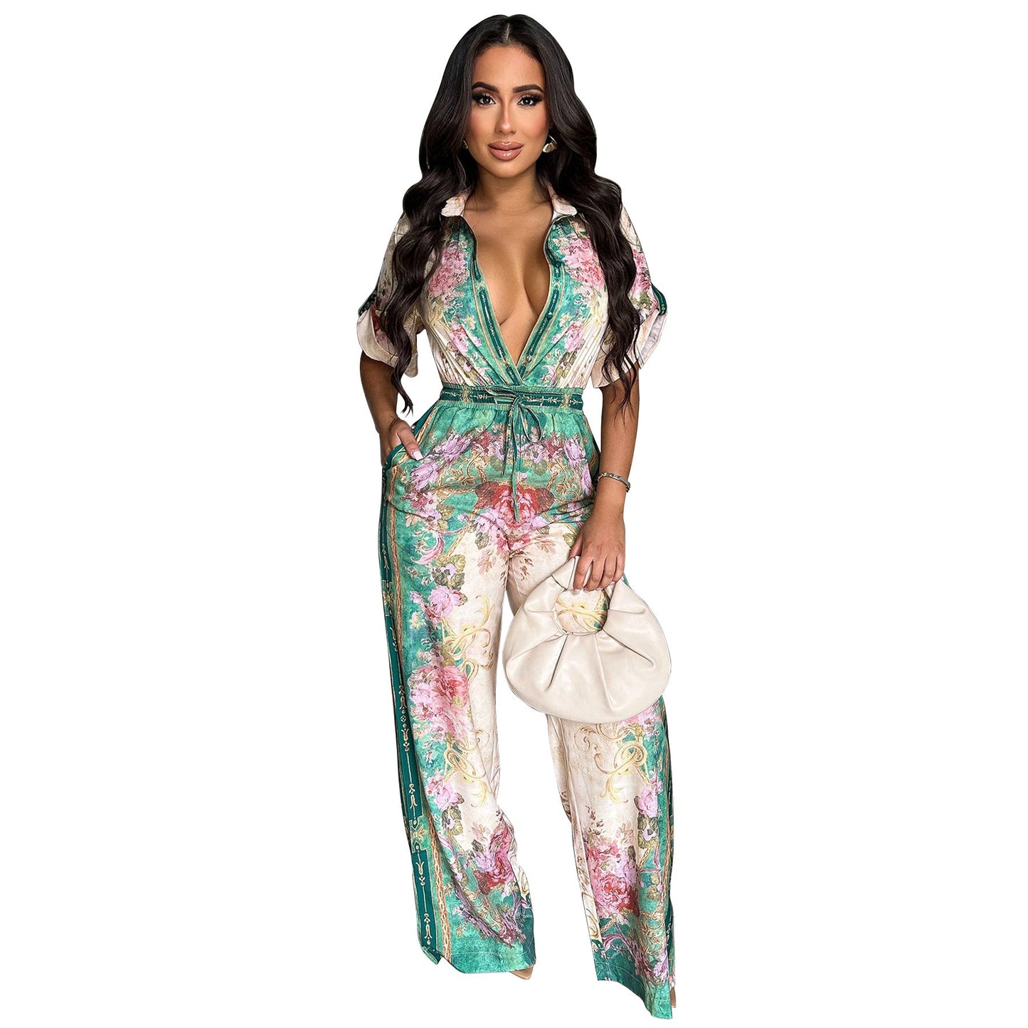 Sexy V neck Vintage Printed Jumpsuit Women