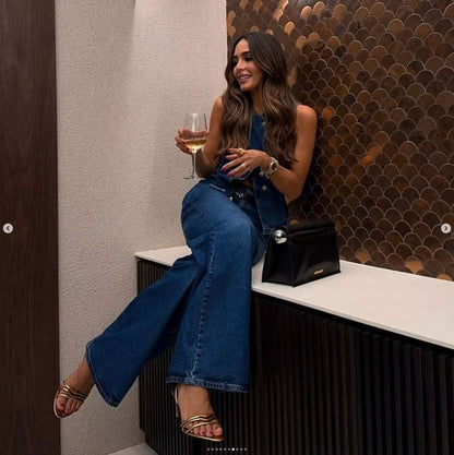 Sleeveless Vest Wide Leg Denim Two Piece Sets
