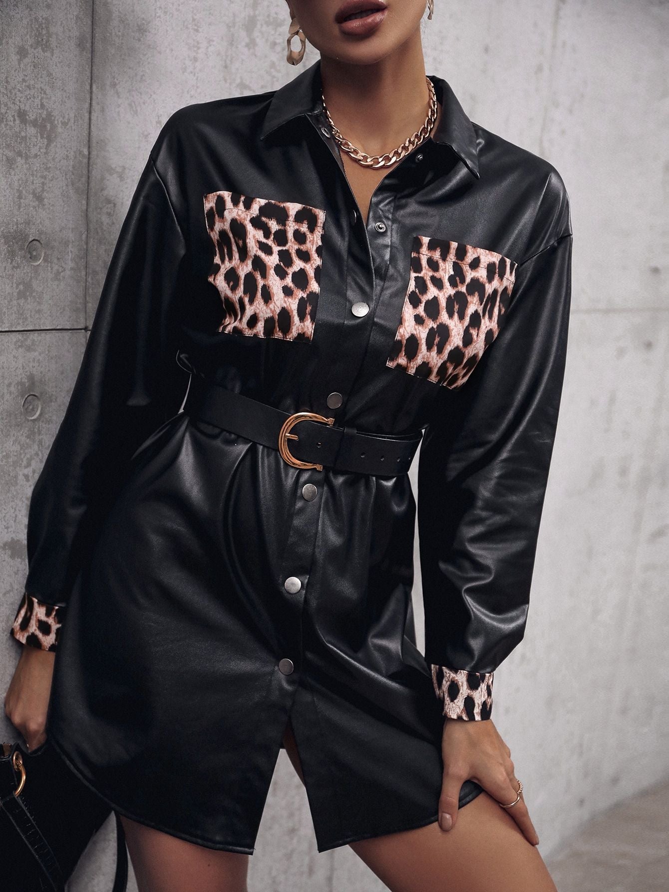 Faux Leather Leopard Trench Coat