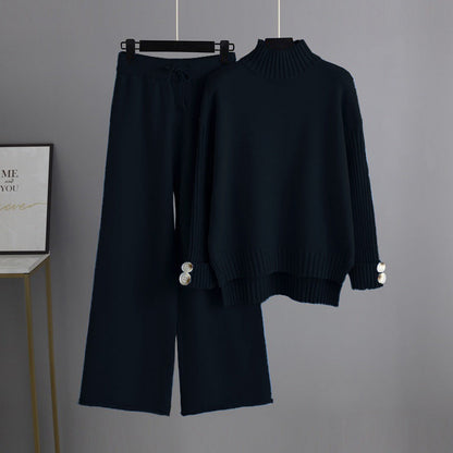 High Collar Solid Knit Set