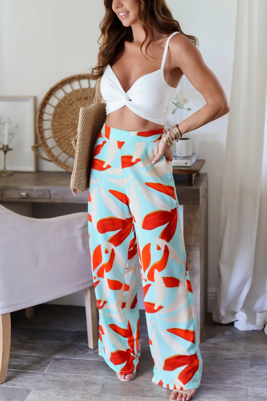 Leaf Print High Waist Straight Leg Pants