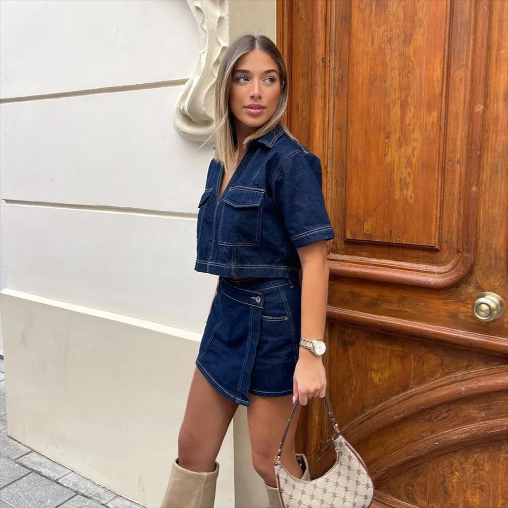 Denim V neck Short Sleeved Set