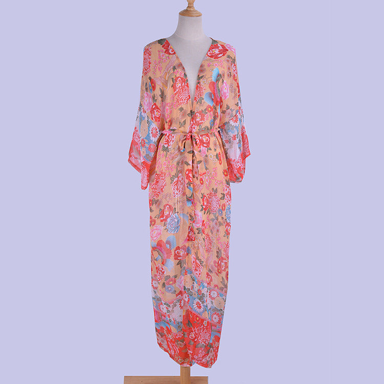 Chiffon Printed Loose Oversized Cardigan Beach Dress Bikini Cover Vacation Dress Sun Protection Shirt