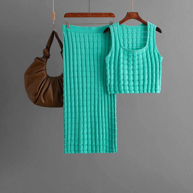 Women Summer Women Sleeveless Vest Top Skirt Knitted Two Piece