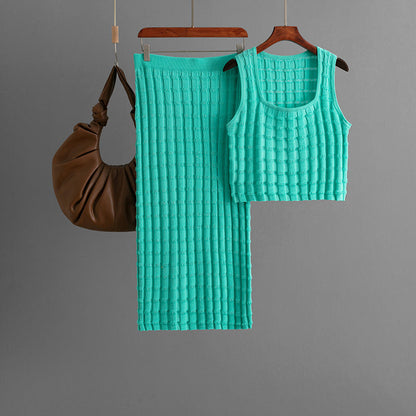 Women Summer Women Sleeveless Vest Top Skirt Knitted Two Piece