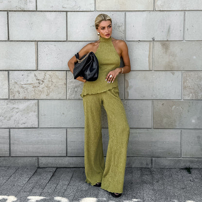 Green Sleeveless Halter Wide Leg Pants Set