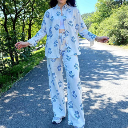 Women Cotton Linen Long Sleeve Blouse High Waist Lace up Straight Leg Pants Two Piece Set