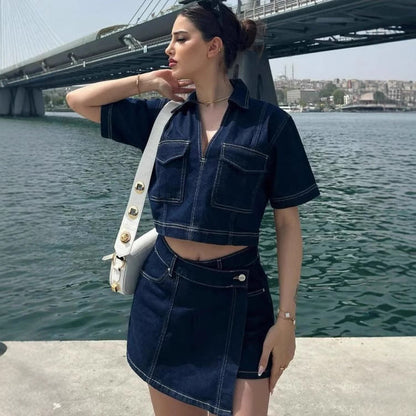 Denim V neck Short Sleeved Set