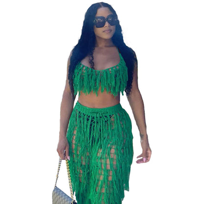 Sexy See through Crochet Tassel Beach Suit