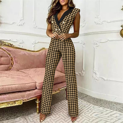V-neck Sleeveless Houndstooth Jumpsuit
